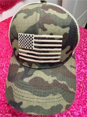 Camouflage Trucker Cap with Embroidered American Flag - Green